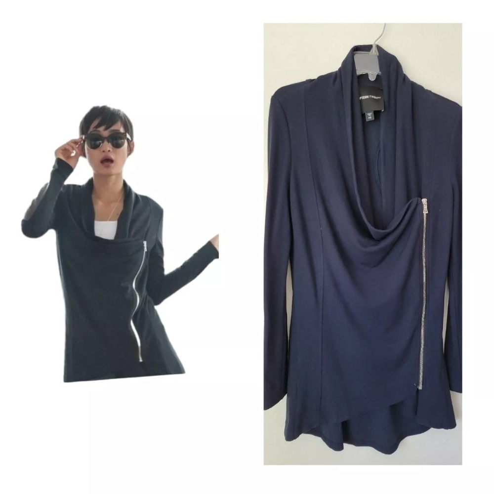 Fifteen Twenty Navy Side Zip Sweater Jacket Lambs Leather Arm size small